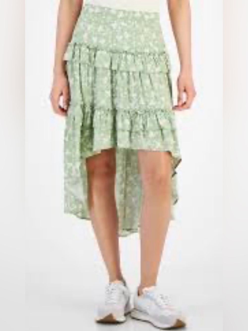 Celebrity Pink Sage Green Floral High-Low Ruffle Skirt